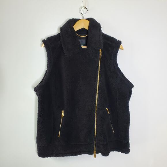 RLL Ralph Lauren Black sherpa Fleece Vest with Gold Zipper Size Large EUC - Picture 3 of 14